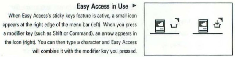 Screenshot of a diagram and description of Easy Access from the Complete Mac Handbook showing 2 original Macintosh icons with a sticky keys symbol besides them and the following description: Easy Access in Use. When Easy Access’s sticky keys feature is active, a small icon appears at the right edge of the menu bar (left). When you press a modifier key (such as Shift or Command), an arrow appears in the icon (right). You can then type a character and Easy Access will combine it with the modifier key you pressed.