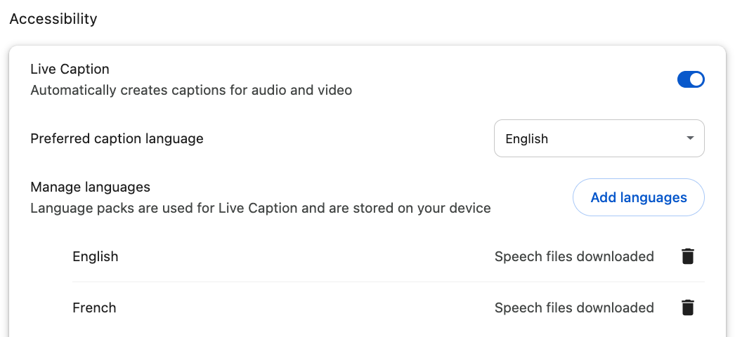 Screenshot of the Google Chrome accessibility settings showing Live Caption at the top with the toggle enabled