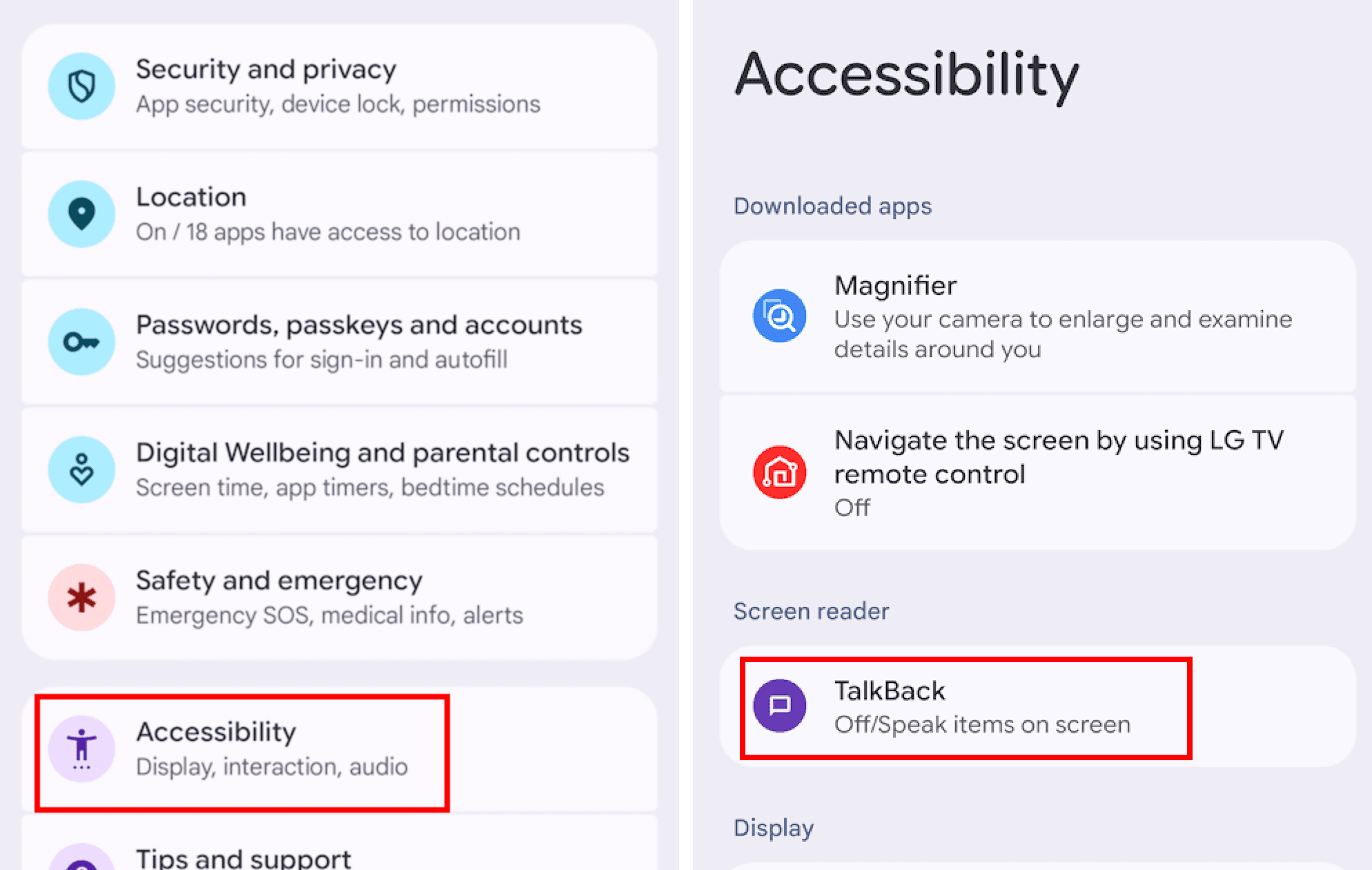 Screenshot, TalkBack in Android Settings.