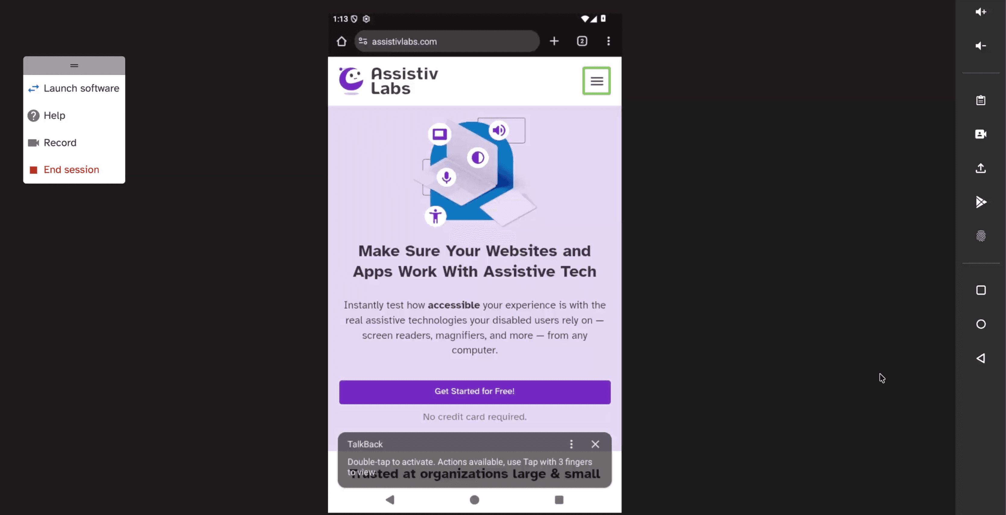 Screenshot of testing TalkBack online using an assistivlabs.com session. On the left, a floating session management menu with options to launch software, get help, record, or end session. In the center, the display of an Android phone showing the assistivlabs.com website. TalkBack's green virtual cursor rectangle is on the website's menu button. TalkBack's caption panel is open at the bottom of the screen. On the right are device controls: volume up/down, clipboard, camera, apk upload, Google Store, biometrics, and the android physical button controls.