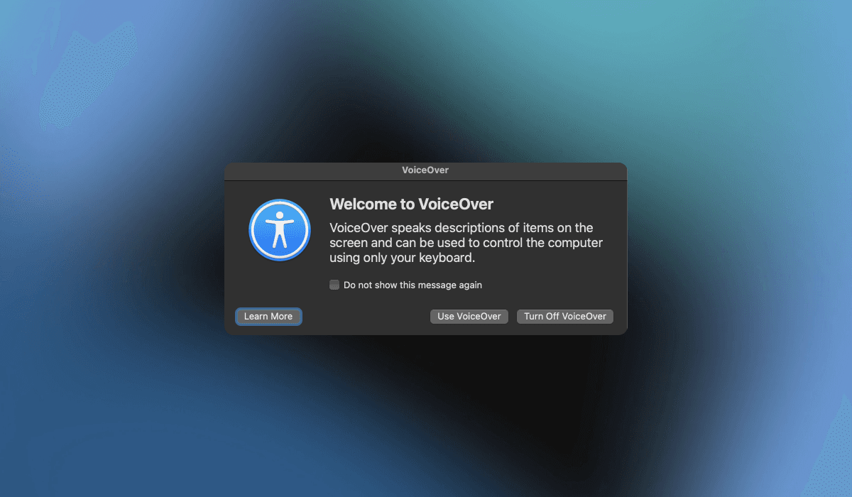 Screenshot macOS 'Welcome to VoiceOver' dialog.