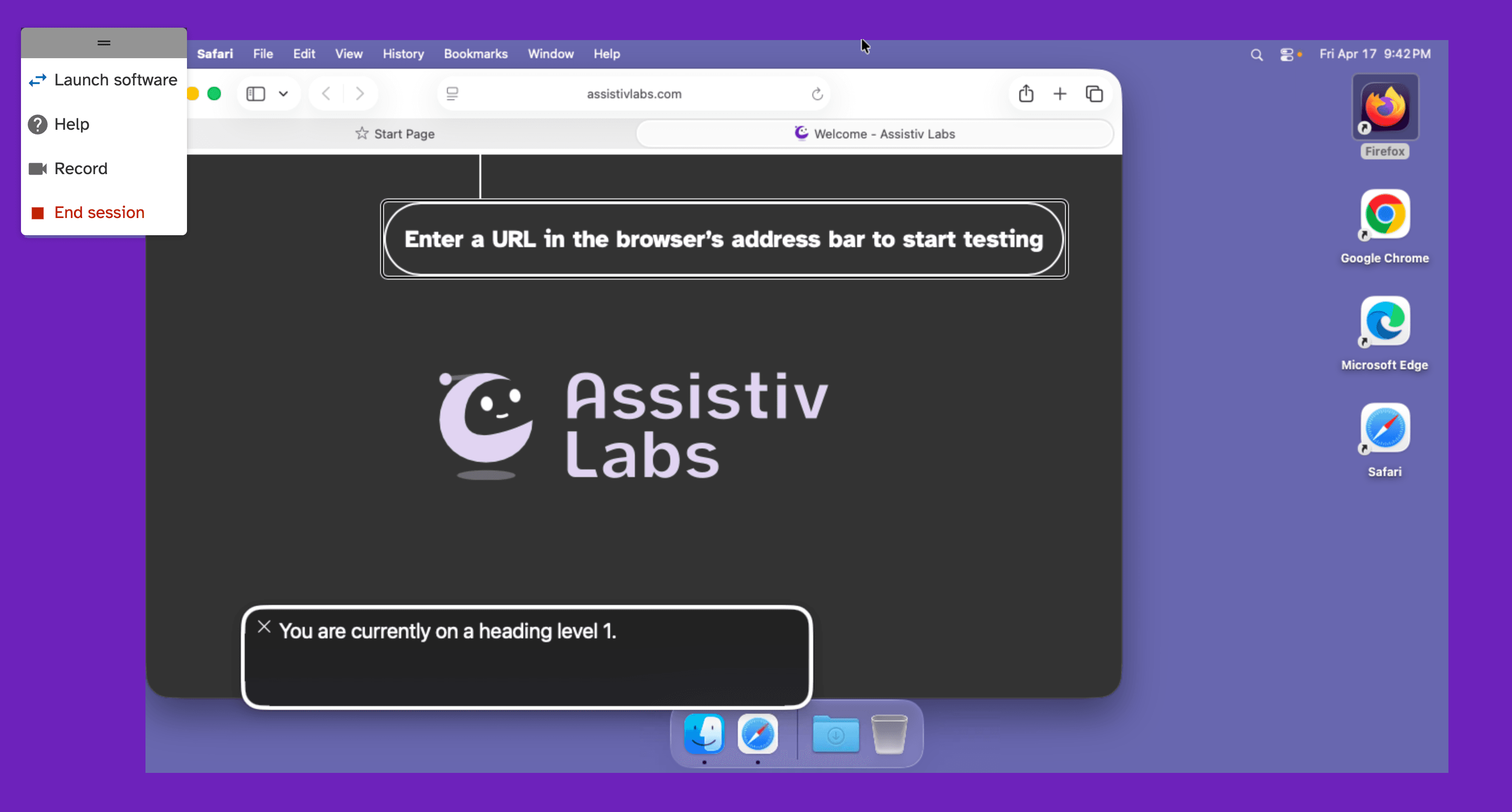 Screenshot of testing VoiceOver on a Windows PC using an assistivlabs.com session.