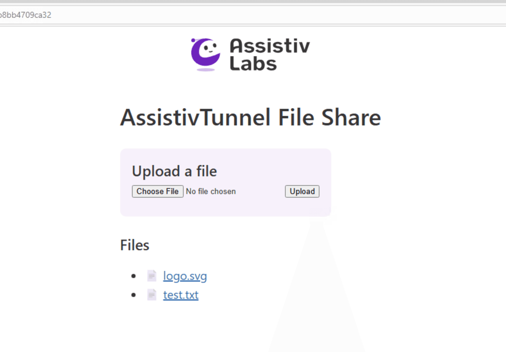 Screenshot file sharing web page, heading 'AssistivTunnel File Share' with an 'Upload file' section and a 'Files' section containing a list of shared files.