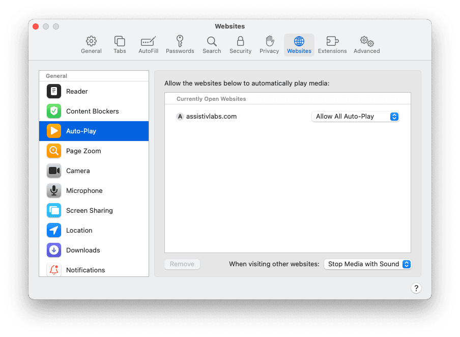 Screenshot of a Safari Preferences