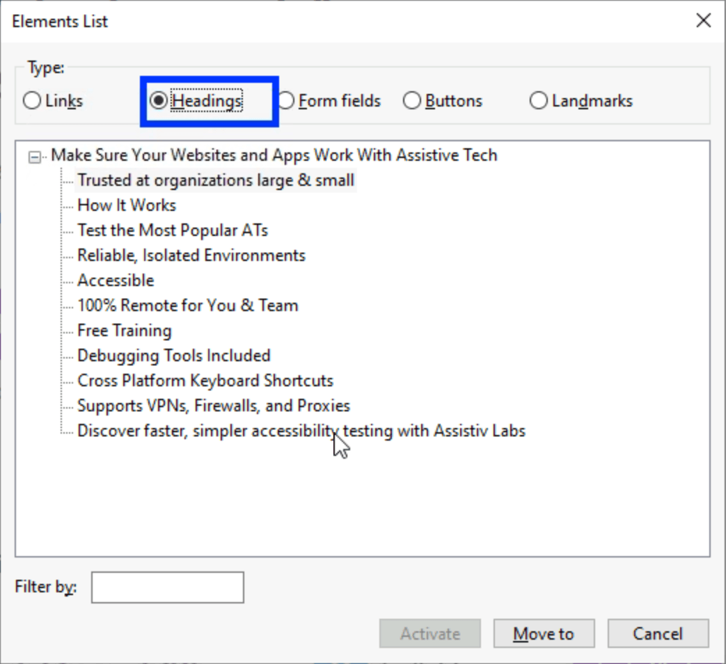 The NVDA element list from Assistiv Labs’ website, showing each of its headings.