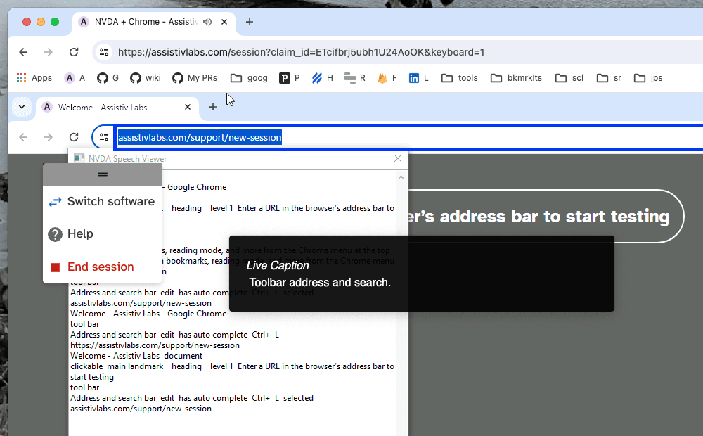 Screenshot of a Google Chrome window running an Assistiv Labs session. A Live Caption speech bubble is visible over the top of the interface and displays the speech currently being read out by the screen reader.