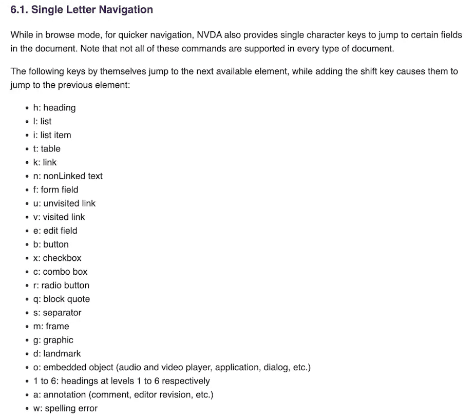 A screenshot showing a list of NVDA’s single letter navigation shortcuts, including those listed below. To see the full list, go to the NVDA documentation link in the following paragraph.