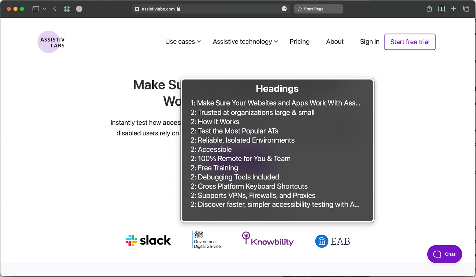 Assistiv Lab’s website open in Safari with a Voice Over dialog showing each of the headings on that page.