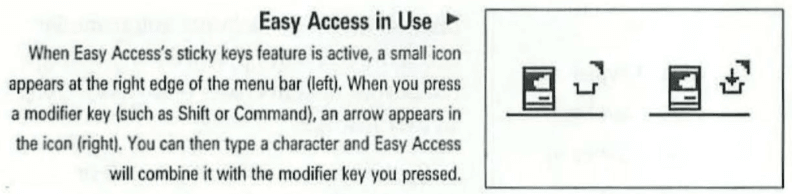 Screenshot of a diagram and description of Easy Access from the Complete Mac Handbook showing 2 original Macintosh icons with a sticky keys symbol besides them and the following description: Easy Access in Use. When Easy Access’s sticky keys feature is active, a small icon appears at the right edge of the menu bar (left). When you press a modifier key (such as Shift or Command), an arrow appears in the icon (right). You can then type a character and Easy Access will combine it with the modifier key you pressed.