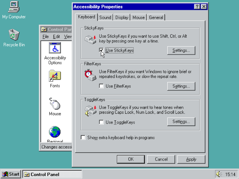 Screenshot of the Windows 95 Control Panel for Accessibility Properties showing StickyKeys, FilterKeys, and ToggleKeys. StickyKeys is selected