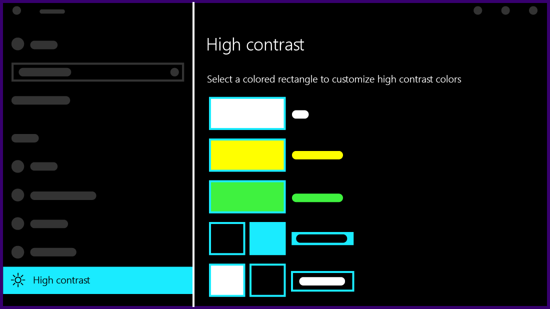 Screenshot of Windows Ease of Access settings with high contrast theme applied. Black background, white text.