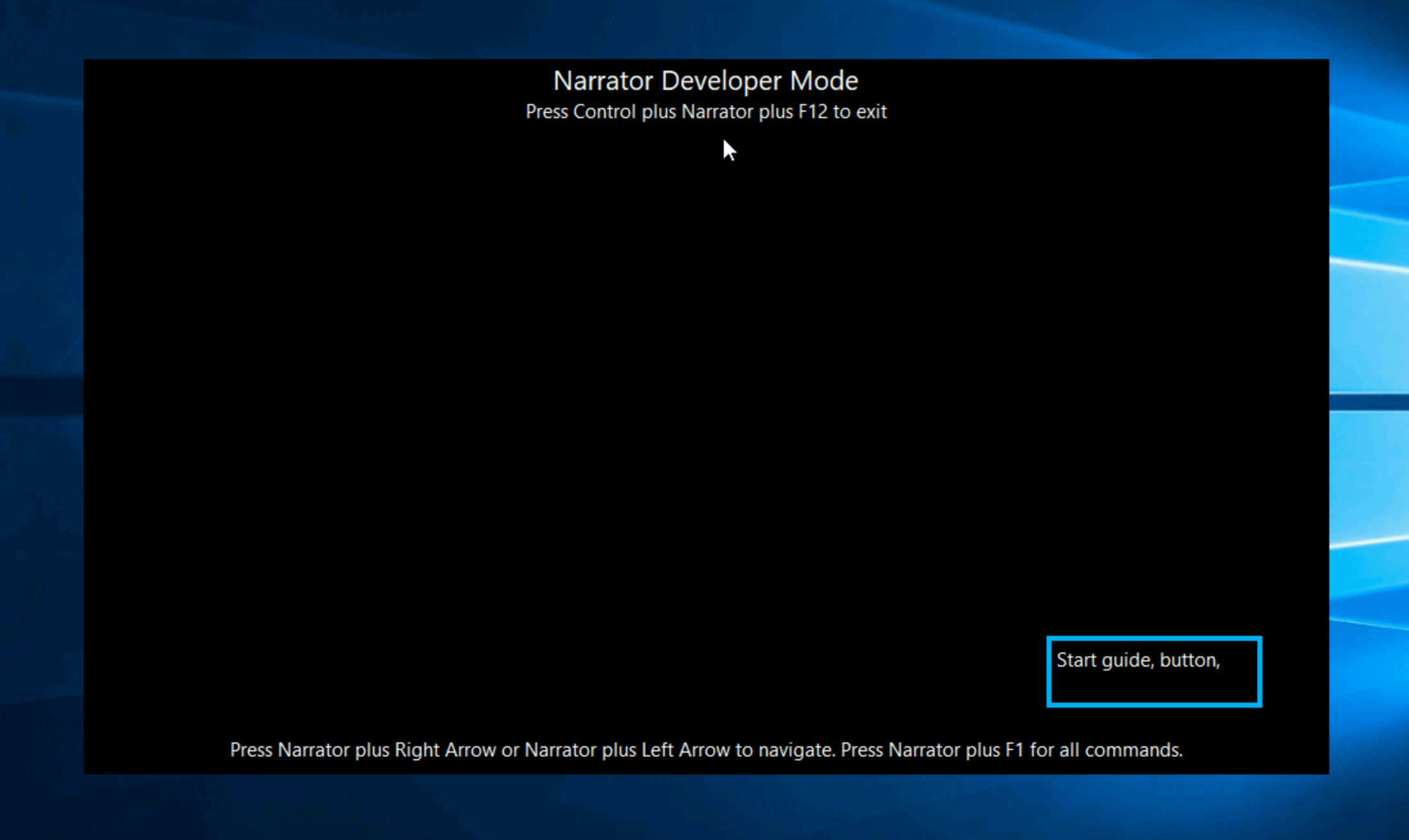 Screenshot of Narrator's developer mode, a black window with 'Start guide, button' in white text.