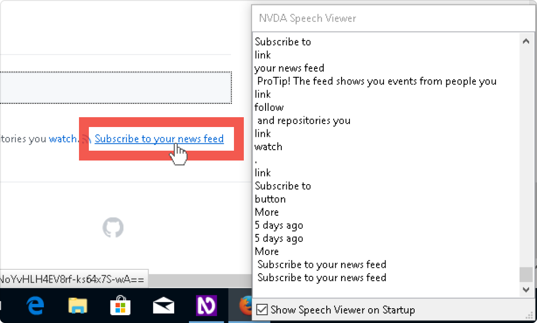 Screenshot NVDA speech viewer and visible focus.
