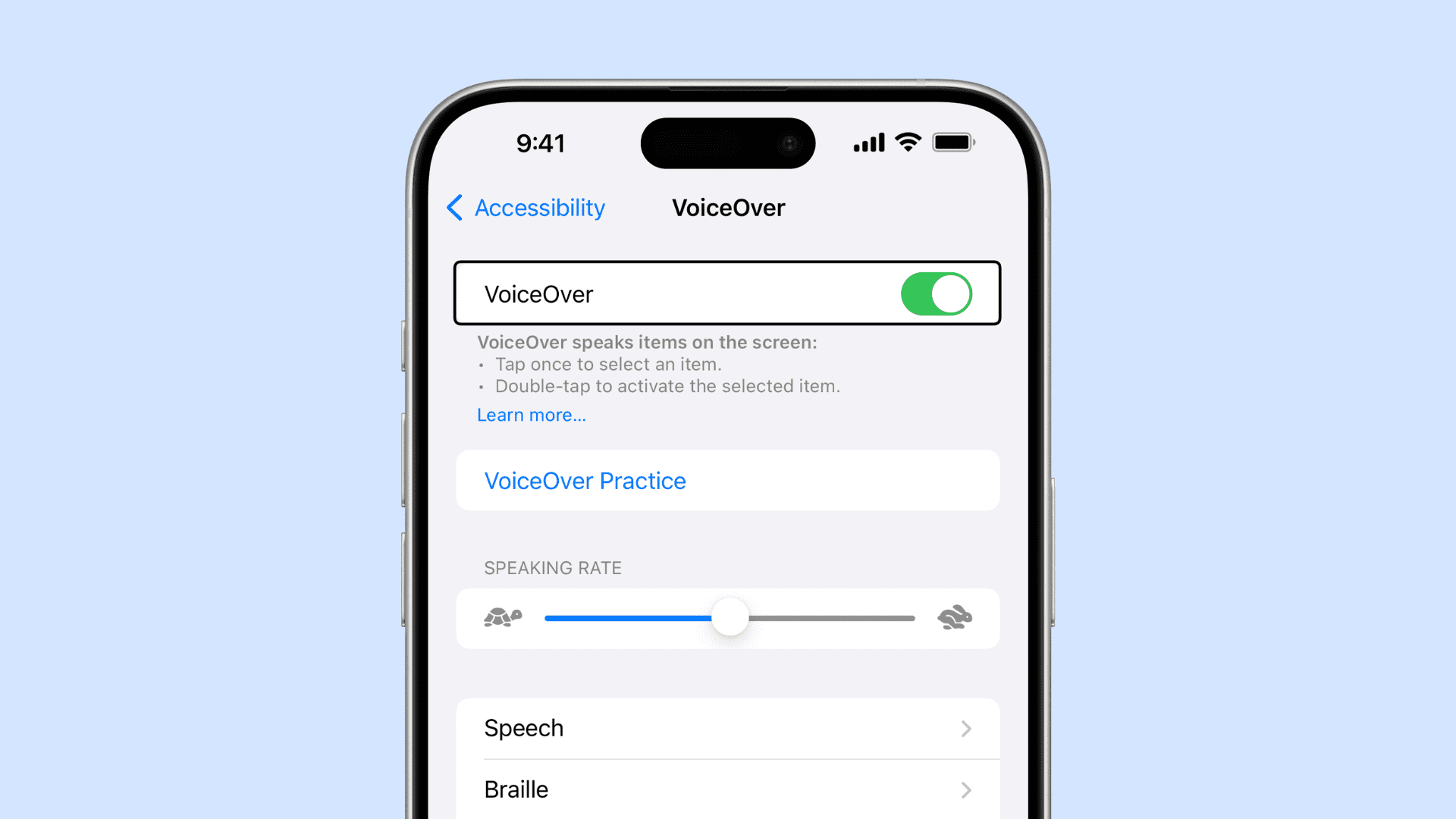 Screenshot of testing iOS VoiceOver using an assistivlabs.com session.